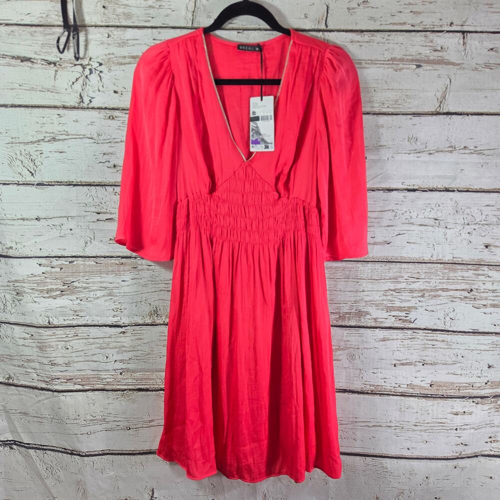 BREAL pink flowly silky baby doll v neck‎ dress wedding empire waist womens sz 4